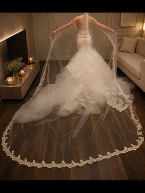 Lace Scalloped-Edged Cathedral Wedding Veil in Off White